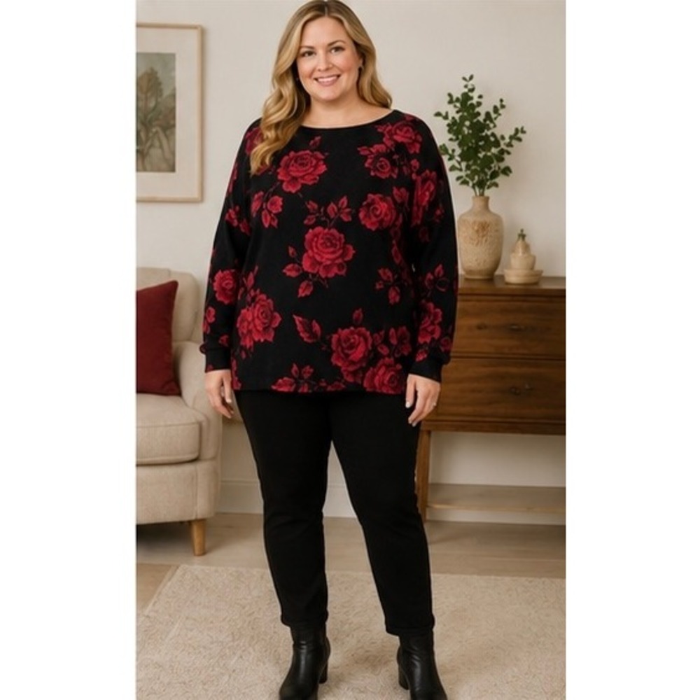 Talbots 3X Merino Wool Sweater Black Red Rose Floral Plus Size Pullover